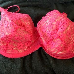 Pink lace floral bra.